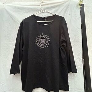 Krazy Kat Black 3/4 Sleeve Top with Silver Spider Web Design 100% Cotton Sz XXL